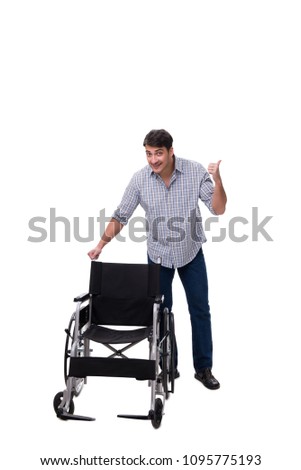 Caregiver with wheelchair isolated on white