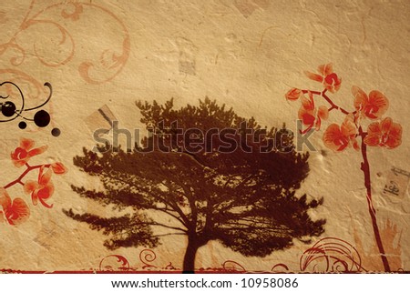 A tree on vintage paper and floral patterns