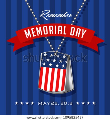 Memorial Day card or banner design with soldier's dog tags and flag on striped blue background