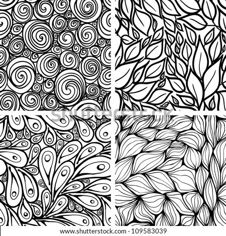 Set of abstract seamless patterns: swirls, leaves, peacocks, waves.
