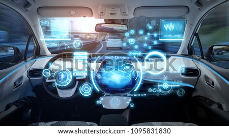 Cockpit of futuristic autonomous car. Royalty-Free Stock Photo #1095831830