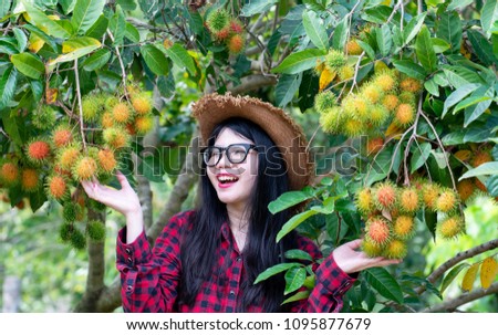 Happy young woman wearing red plaid shirt,hat with rambutan fruits in the garden,Ripe and green rambutan growing in garden/colorful red fruit at tree/fruit trade products/gardening of rambutan