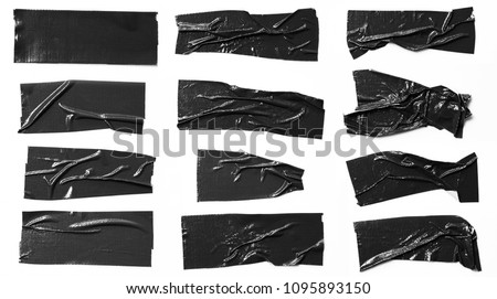 Set of black tapes on white background. Torn horizontal and different size black sticky tape, adhesive pieces. Royalty-Free Stock Photo #1095893150