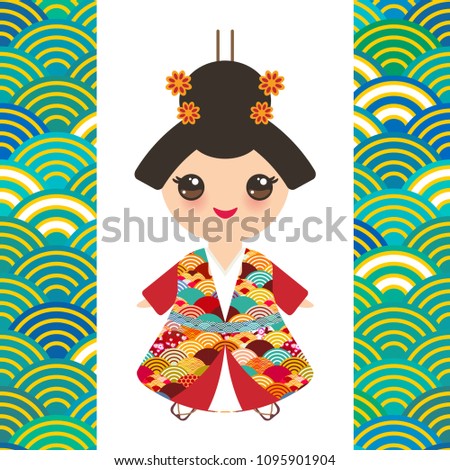Japanese girl in national costume. kimono, Cartoon children in traditional dress. Japan wave circle pattern orange green blue colors card banner design on white background. Vector