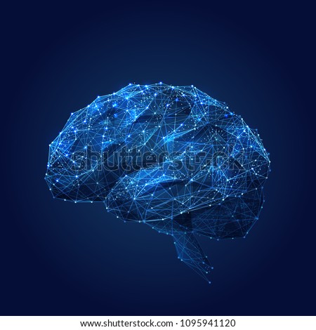 Abstract vector image of a human AI Brine. Low poly wireframe blue illustration on dark background. Lines and dots. RGB Color mode. Best idea concept. Polygonal art.
