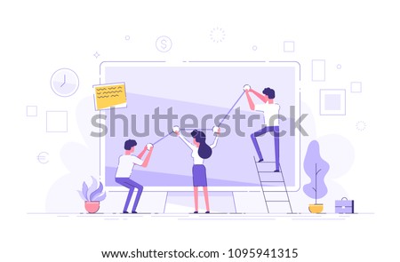 Business people are pushing up their graph upward. Teamwork. Business presentation. Flat vector illustration. Royalty-Free Stock Photo #1095941315