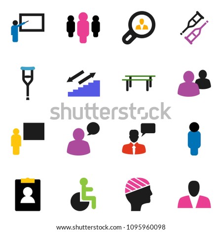 solid vector ixon set - blackboard vector, man, personal information, horizontal bar, stairways run, speaking, group, disabled, crutches, head bandage, client search, consumer