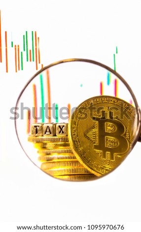 Crypto Currency  bitcoin coin With TAX message ,Concept Determining the tax law of digital money.
