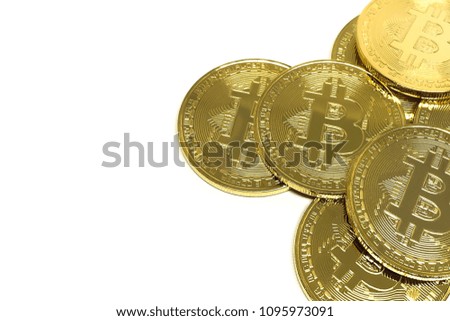 Cash of physical Bitcoin coins isolated on white background. Golden coin with bitcoin symbol on the front view,Business and technology concept.
