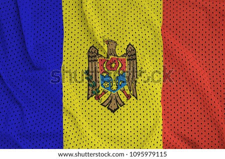 Moldova flag printed on a polyester nylon sportswear mesh fabric with some folds