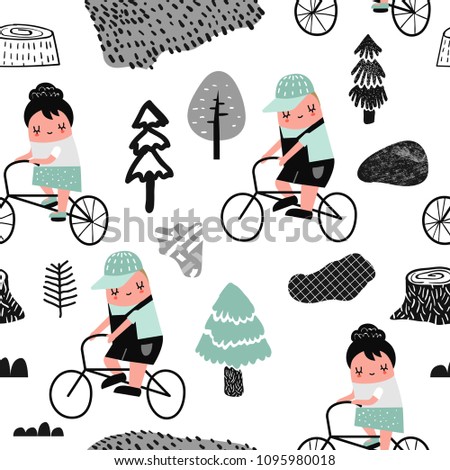 Kids on Bicycle Seamless Pattern. Creative Childish Background with Children and Bikes for Wallpaper, Fabric, Wrapping Paper. Vector illustration