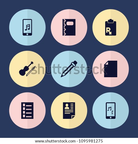 Set of 9 note filled icons such as document, violin, mobile phone music, notebook, pencil, paper, resume