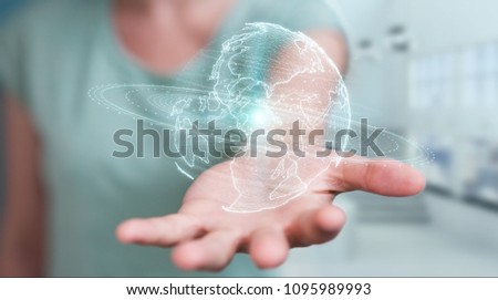 Businesswoman on blurred background using globe network hologram with America Usa map 3D rendering