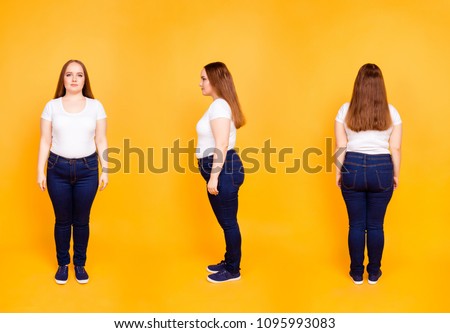 Collage of three full length portraits from all side of confident, stylish, plump woman in casual outfit, wearing t-shirt, jeans, sneakers, standing over yellow background