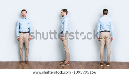 Collage of three full length portrait from all side of perfect, cool, attractive man in blue shirt, pants standing near grey wall on wooden floor