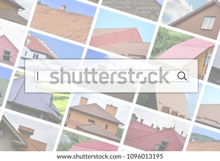 Visualization of the search bar on the background of a collage of many pictures with fragments of various types of roofing. Set of images with roofs