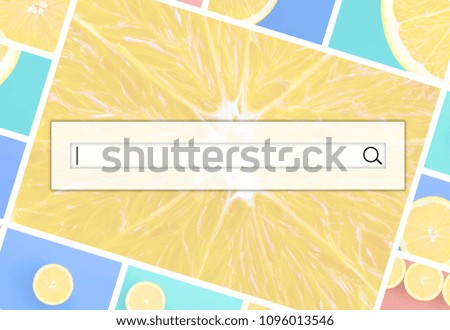 Visualization of the search bar on the background of a collage of many pictures with juicy oranges. Set of images with fruits on backgrounds of different colors