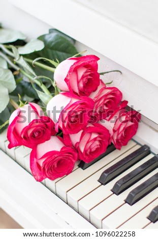 Luxury red roses on a piano. Bouquet of red roses and piano keys