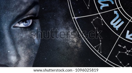 Scorpio Horoscope Sign. Astrology women night sky background