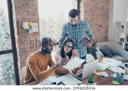 Talk speak company tablet laptop computer device point showing proposition tips action read check account contract agreement building team concept. Three friends developing steps in business career Royalty-Free Stock Photo #1096028456