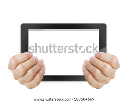 touch pad PC and streaming images buttons on women hand on background white