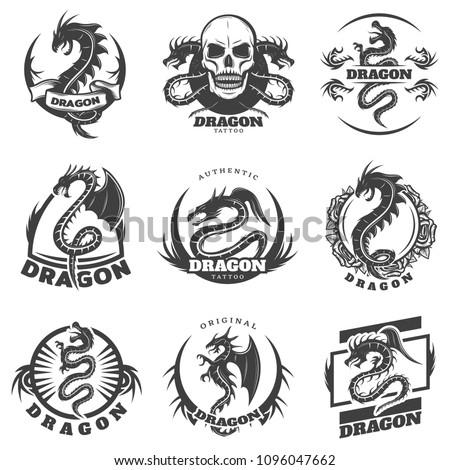 Vintage monochrome dragon tattoo labels set with inscription mythological reptiles skull and flowers isolated vector illustration