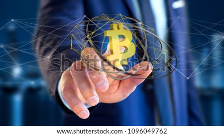 View of a Businessman holding a Bitcoin crypto currency sign flying around a network connection - 3d render