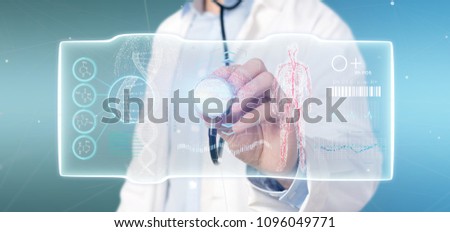 View of a Doctor holding a Futuristic template interface hud