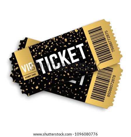 Two, pair golden vector vip tickets. Realistic 3d design with gold confetti on white background. Concert, cinema, movie, party, event, dance, festival premium collection. Royalty-Free Stock Photo #1096080776