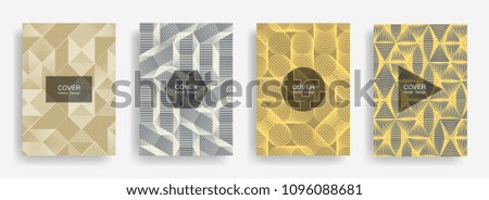 Halftone shapes minimal geometric cover templates set graphic design. Halftone lines grid vector background of triangle, hexagon, rhombus, circle shapes. Future geometric cover colorful backgrounds.