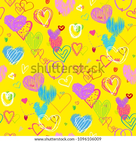 Hand drawn multicolored hearts. Abstract background. Seamless texture. Line art. Set of love signs. Unique illustration for design. Line art creation. Template