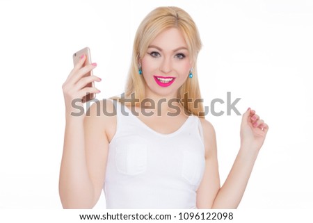 Beauty stylish woman with phone in her hands. White Background. Summer style