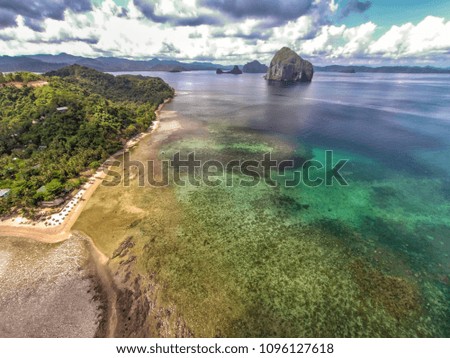 Seascape landscape from the sky. Beach on top. Sea, sand, palm trees.