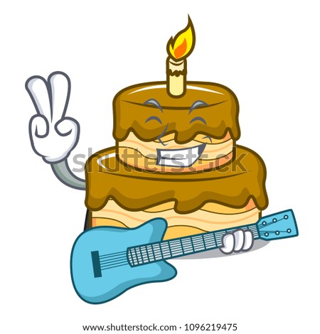 With guitar birthday cake mascot cartoon