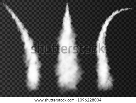 Smoke from space rocket  launch. Foggy trail airplane or jet. Plane condensation track isolated on transparent background.  Realistic vector texture.
