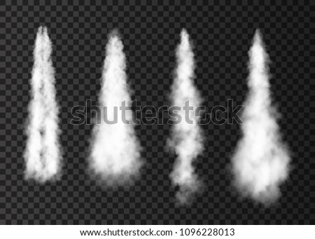 Smoke from space rocket launch. Foggy trail airplane or jet. Plane condensation track isolated on transparent background.  Realistic vector effect.