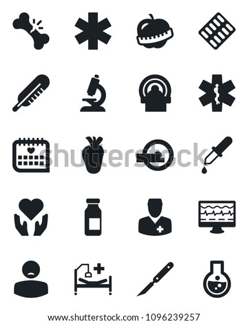 Set of vector isolated black icon - monitor pulse vector, dropper, thermometer, microscope, pills blister, ampoule, scalpel, tomography, ambulance star, hospital bed, heart hand, real, broken bone