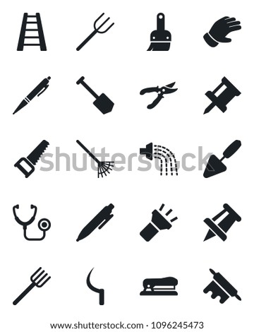 Set of vector isolated black icon - pen vector, drawing pin, job, trowel, farm fork, rake, ladder, watering, pruner, glove, saw, sickle, stethoscope, themes, torch, stapler, rolling
