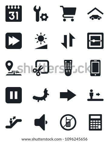 Set of vector isolated black icon - escalator vector, no mobile, right arrow, phone, caterpillar, navigation, remote control, pause button, fast forward, scanner, calendar, data exchange, brightness