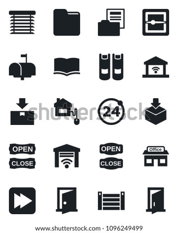 Set of vector isolated black icon - 24 around vector, book, store, container, package, fast forward, scanner, folder, document, mailbox, open close, home control, jalousie, garage gate, door