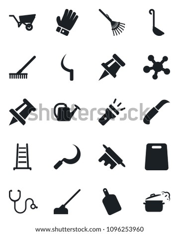 Set of vector isolated black icon - drawing pin vector, rake, ladder, watering can, wheelbarrow, glove, hoe, sickle, garden knife, stethoscope, share, torch, ladle, rolling, cutting board