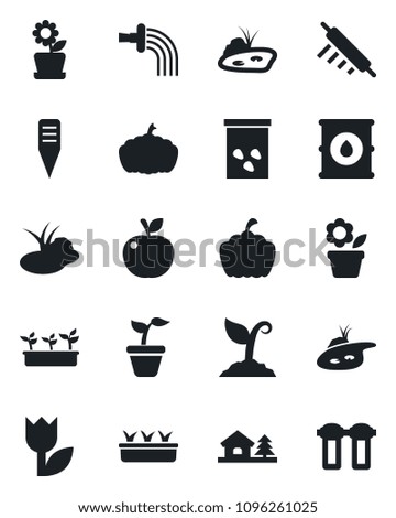 Set of vector isolated black icon - flower in pot vector, seedling, watering, sproute, plant label, pumpkin, seeds, pond, tulip, oil barrel, house with tree, rolling pin, apple fruit, water filter