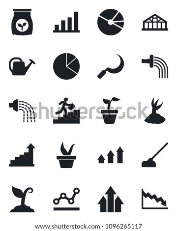 Set of vector isolated black icon - growth statistic vector, seedling, watering can, sproute, hoe, sickle, greenhouse, fertilizer, bar graph, pie, point, career ladder, arrow up, crisis