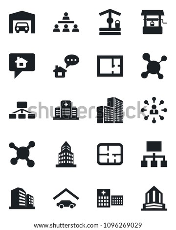 Set of vector isolated black icon - hierarchy vector, well, molecule, hospital, office building, garage, plan, home message