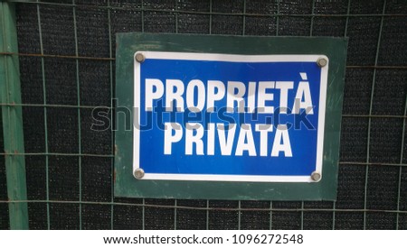 Private Property Blue Sign Translation of Italian "Proprietà Privata"