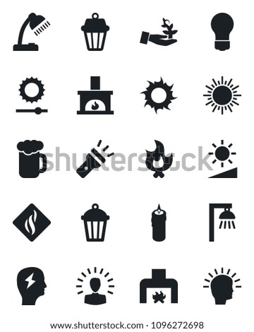 Set of vector isolated black icon - sun vector, brainstorm, bulb, fire, garden light, torch, brightness, desk lamp, fireplace, beer, candle, smoke detector, outdoor, palm sproute, shining head