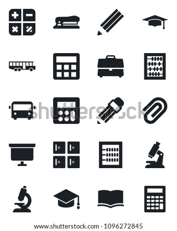 Set of vector isolated black icon - airport bus vector, checkroom, book, calculator, graduate, abacus, presentation board, microscope, case, paper clip, pencil, stapler