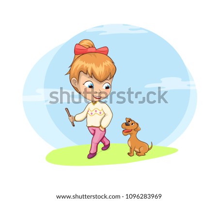 Walking dog activity of girl, natural clouds on sky good mood and friendly atmosphere, pet outdoors vector illustration isolated, white background