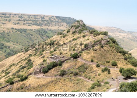 The ruins of the ancient Jewish city of Gamla on the Golan Heights destroyed by the armies of the Roman Empire in the 67th year AD