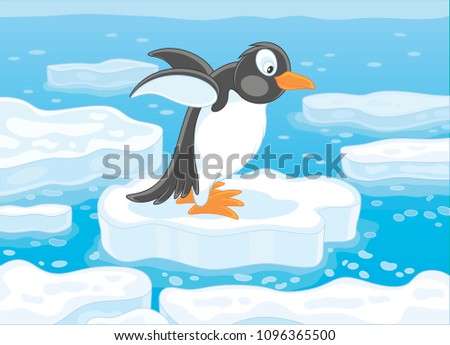 Funny Antarctic penguin on a drifting ice floe in a polar sea, vector illustration in a cartoon style